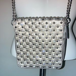 Leather Embellished Rhinestones & Studded Small Purse with Chain & Leather Strap
